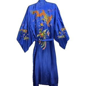 Vintage Y2K Golden Bee Kimono Robe Embroidered Dragon Belted Satin Blue Sz Med